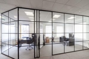 Elegant glass and aluminium partition for commercial spaces